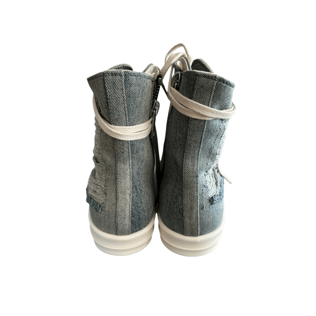 Rick Owens Blue & White Distressed Denim High Top Sneakers - Morely TrendsRick Owens Type here:)