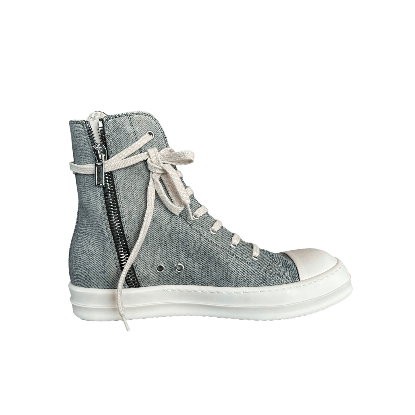 Rick Owens Blue & White Distressed Denim High Top Sneakers - Morely TrendsRick Owens Type here:)